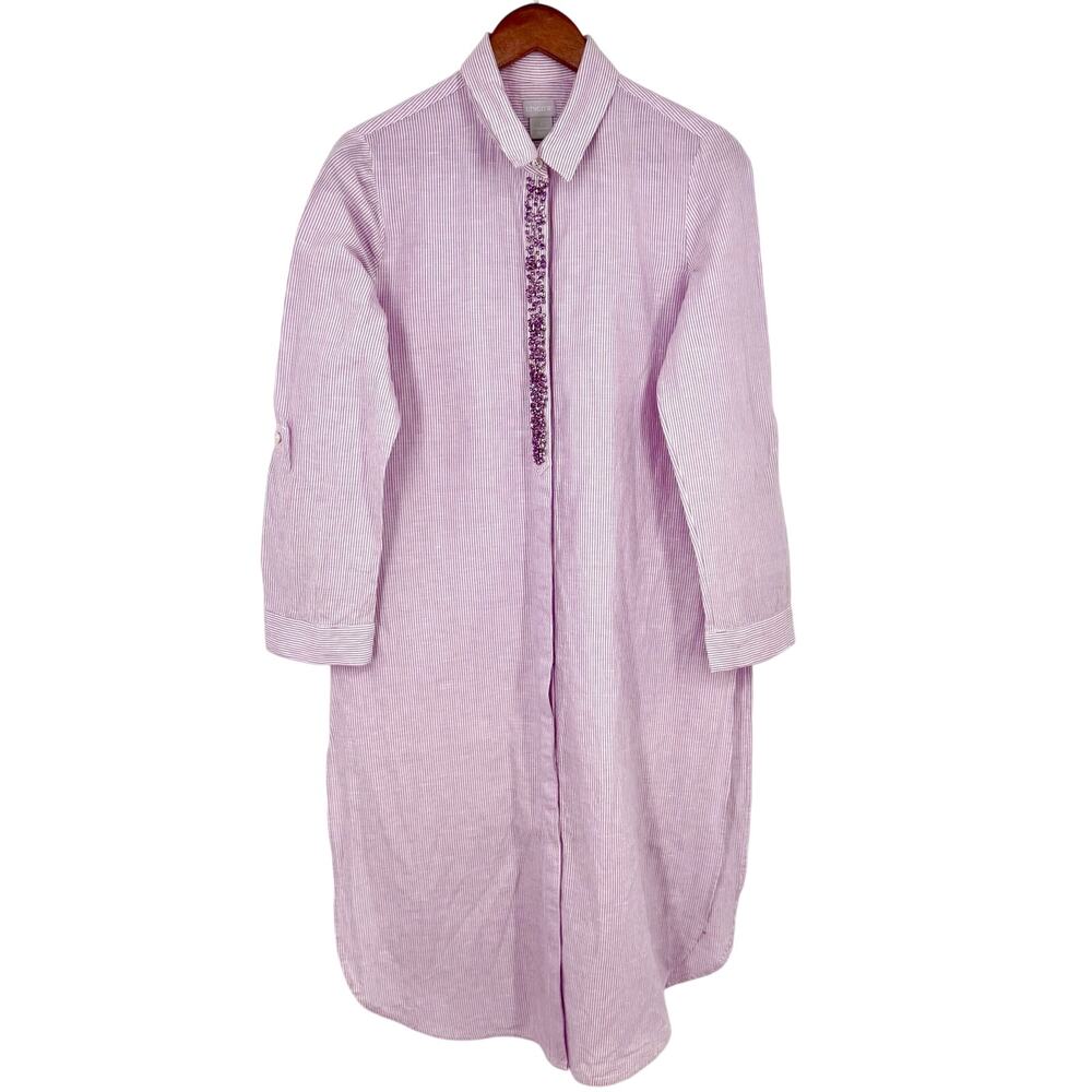 Chicos MEDIUM 1 8/10 LINEN BLEND Purple Stone Accent Long Line Shirt Top Tunic